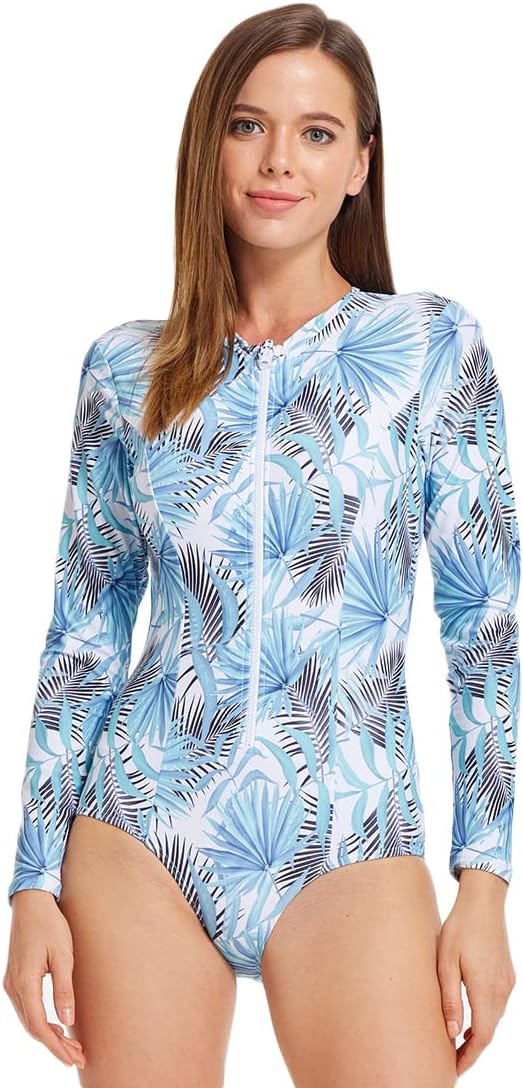 Micosuza Women's Rash Guard One Piece Long Sleeve Swimsuit Zip Front Printed Surfing Swimwear