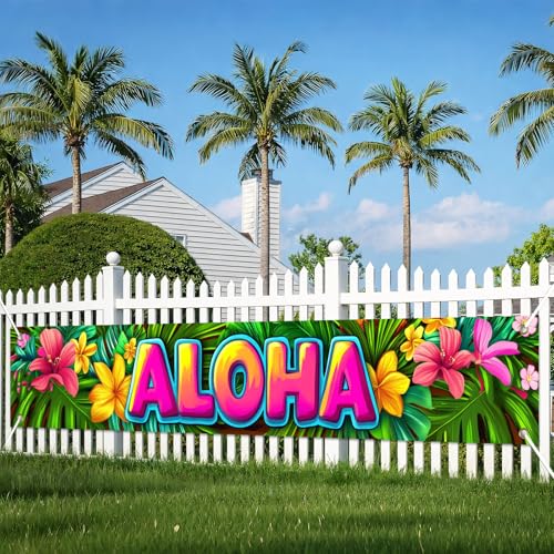 Image of HOMETITUTE Aloha Banner Luau Decorations 118 x 20 Inch Hawaiian Banner Tropical Hello Summer Backdrop Aloha Sign for Pool Party Backyard Summer Beach Tiki Bar Outdoor Photo Booth