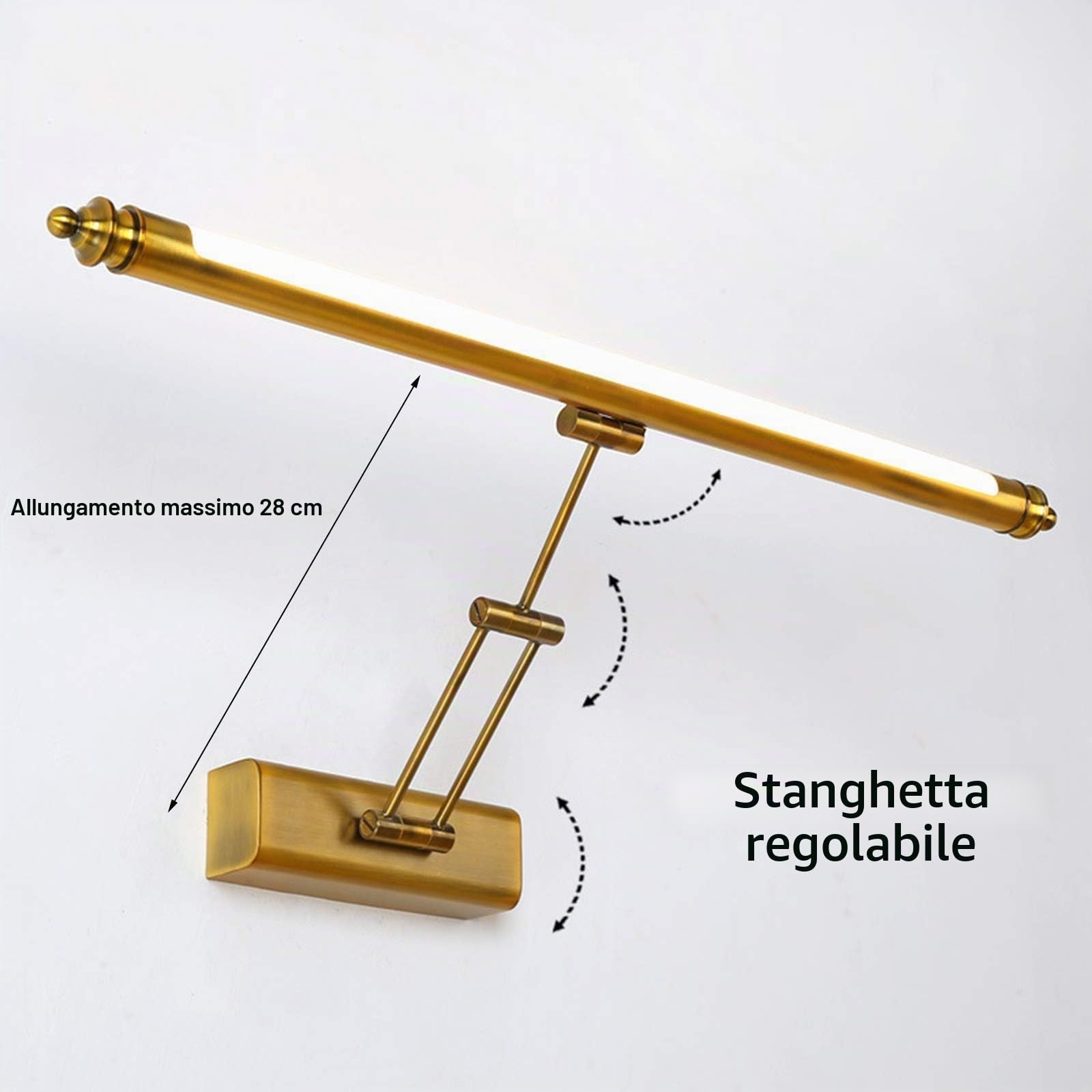 Lampada da Specchio Bagno Vintage, Luce da Specchio Retro Ottone con Braccio Regolabile e Base in Acciaio Inox, Lampada Bagno Parete LED Lampada Armadio Luce Calda 3000K per Toilette,50cm/8w