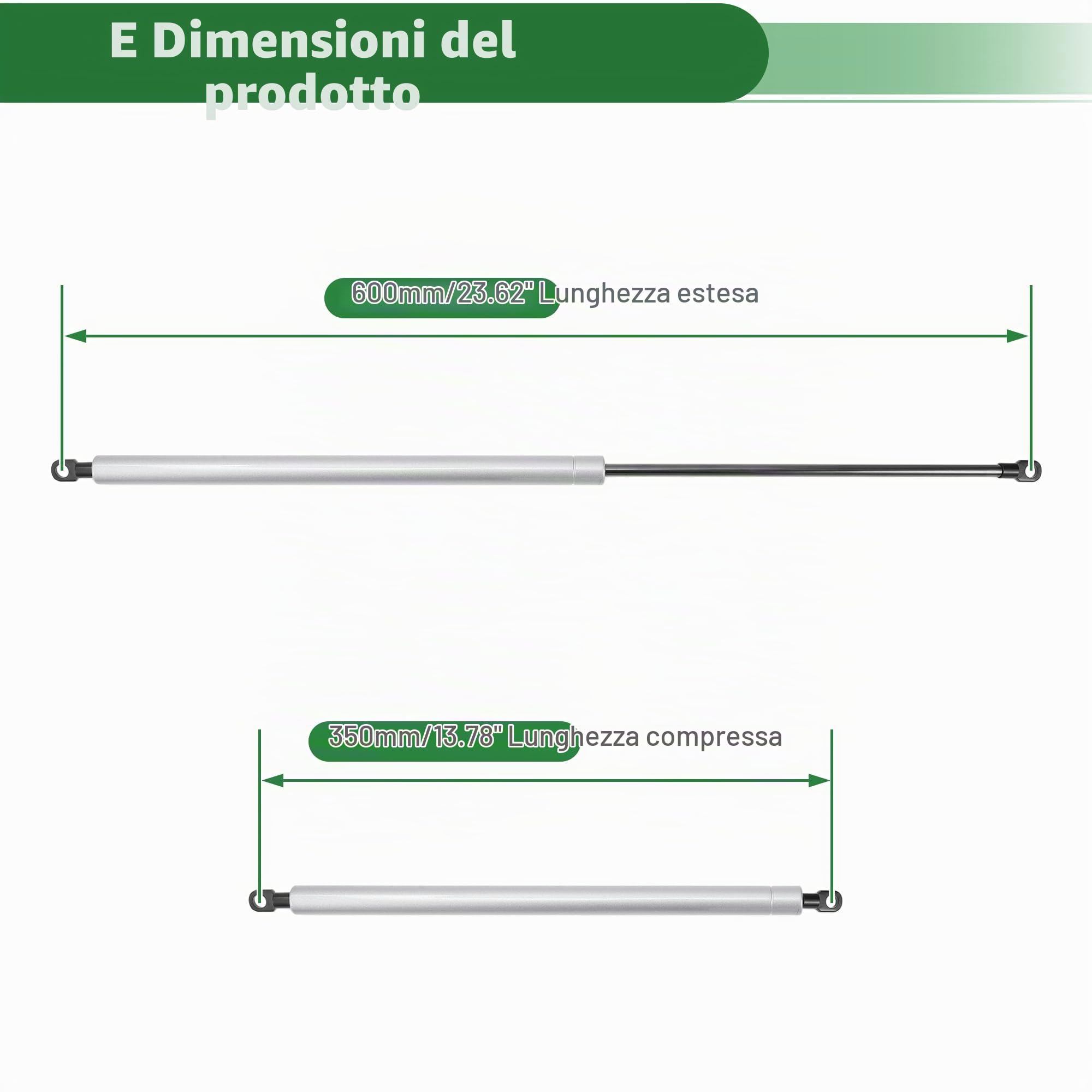 Motoforti Pistoni A Gas 200N Tono Argento 2 Pezzi Per Cofano Auto E Armadio | 600mm/23.62" 200N Acciaio Al Carbonio Per Finestre, Cofano, Baule, Scatola, Botola Barca, Tonneau Pick-Up, Rimorchio