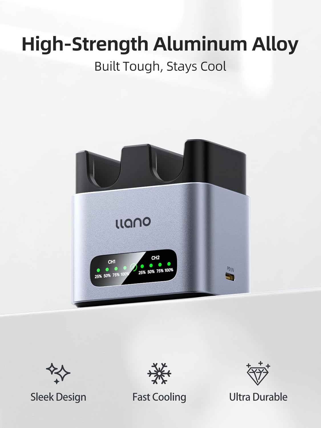 llano NP-W126S Camera Battery 20W Fast 2-Slot Charger for Fujifilm X100VI X100V XT30II XM5 XT30 X100F XT3 XT2 XE4 XA7 X-PRO3 XT2 XT200, Heat Dissipation CNC Aluminum Alloy Body, LED Display-Silver - Image 2