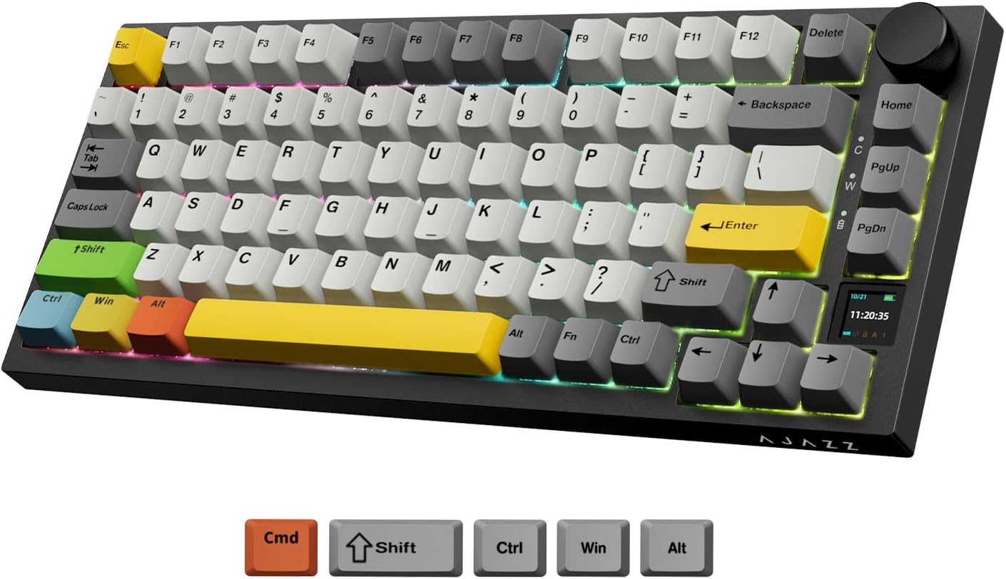 ATTACK SHARK Ajazz AK820Pro Mechanical Keyboard with Coiled Cable,Bluetooth 5.1/USB-C/2.4G Wireless Gaming Keyboard 75%,TFT Smart Display&Knob,PBT Keycap RGB Baclit Gasket-Mounted Custom Keyboard