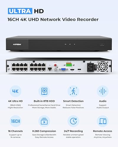 Miniatura 6 de H.VIEW Sistema de cámara de seguridad PoE 4K 16CH, 16 cámaras IP PoE con cable de 8MP para exteriores con detección humana de persona, visión