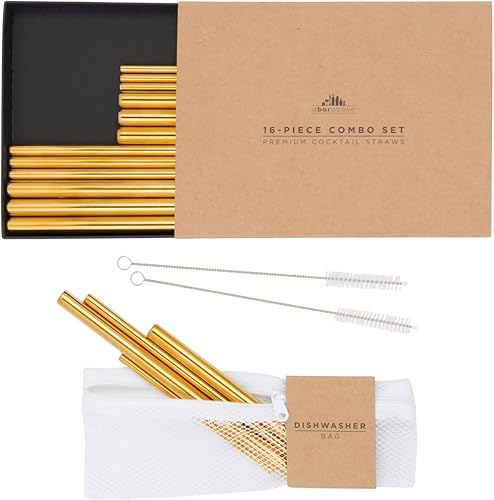 A Bar Above Juego de pajitas de metal dorado  Juego de pajitas de metal Jumbo, cortas y largas  Pajitas reutilizables doradas con bolsa apta para
