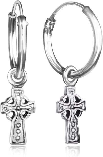 925 Sterling Silver Hoop Earring with Cross Charm Dangling