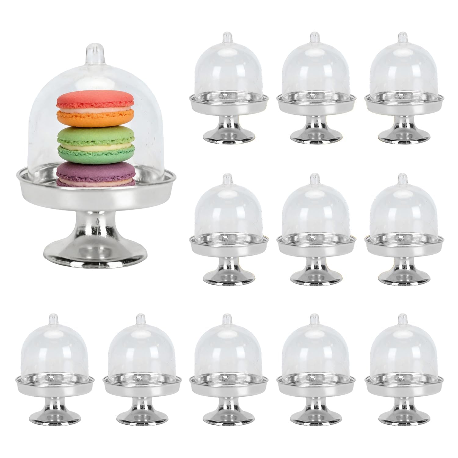 Pack of 12 Mini Cake Stand with Lid, Plastic Clear Dome Cover Cupcake Stand Plate, Small Cake Display for Chocolate, Macaroons, Candies, Wedding, Birthday, Baby Shower, Tea Party (Silver)