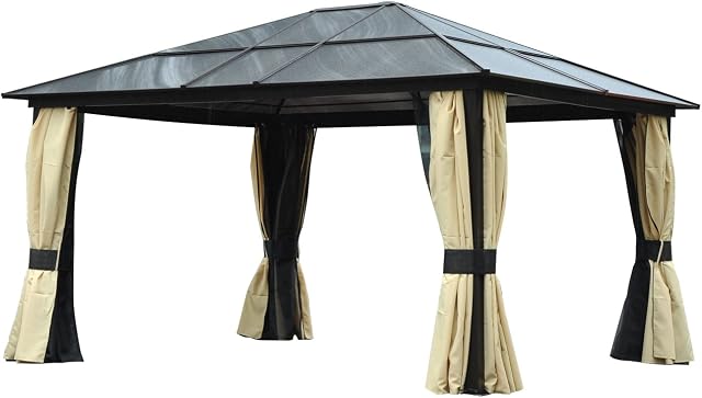 Outsunny 3.6 x 4m Hardtop Gazebo Canopy with Polycarbonate Roof and Aluminium Frame, Garden Pavilion with Mosquito Netting and Curtains