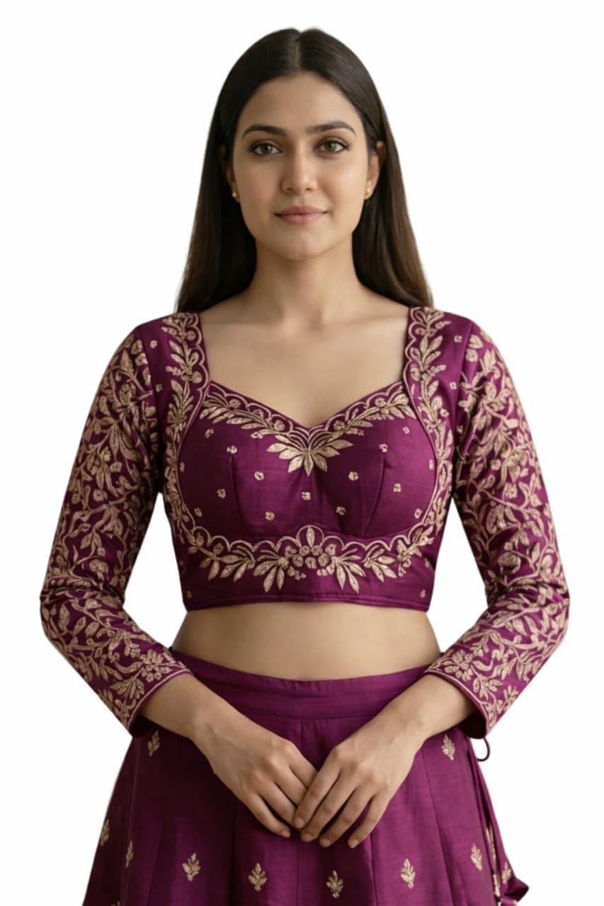 Size 38 Embroidered Silk Blend Blouse for Women, Ethnic V-Neck Loge Sleeve Stylish Top, Traditional Indian Festival, Lightweight Cotton Blend | Ready Size 38