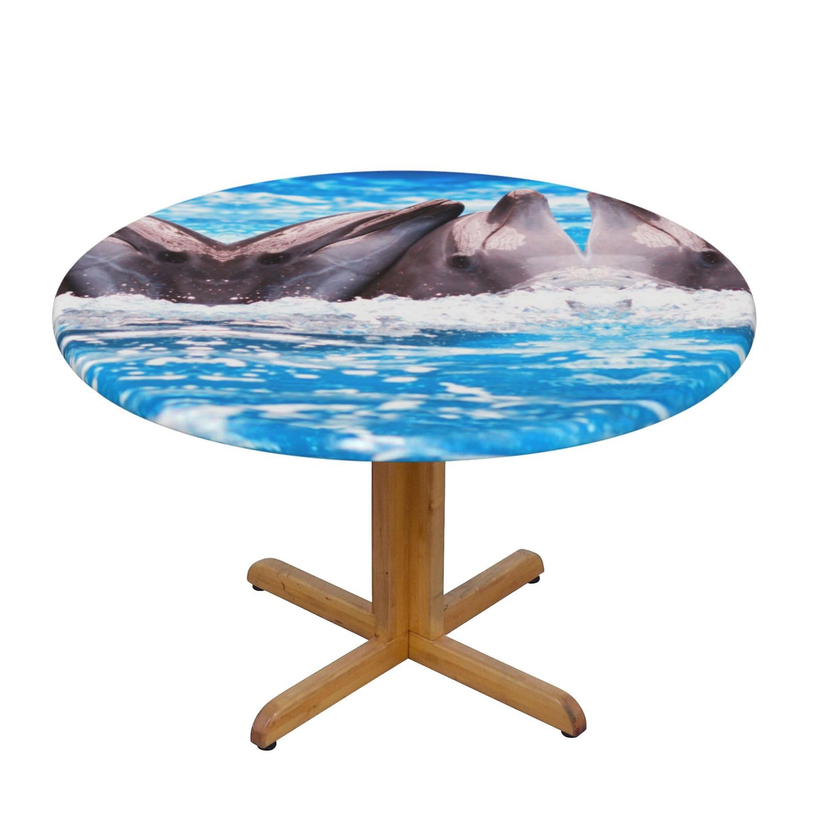 ESNAIUVCD Two dolphins in the water print Waterproof Round Tablecloth,Outdoor Table Cloth with Elastic Edged, Elastic Tablecloth Wipeable, Garden Table Cloth Suitable for sizes 90cm-140cm