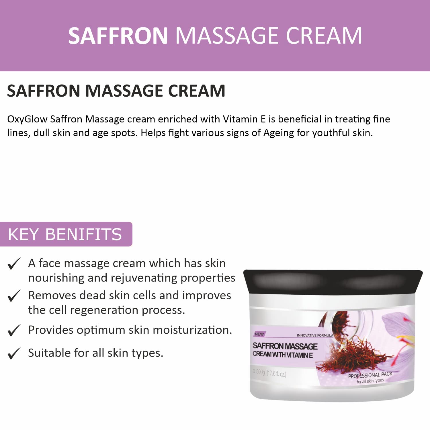 OxyGlow Herbals Saffron Massage Cream with Vitamin E- 500 g - Image 2 thumbnail