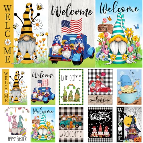 Set of 10 Gnome Seasonal Garden Flags Double Sided 12 x 18 Inch Yard Flags Small Garden Flags for Outside Spring 4th of July Easter Seasonal Flags for Outdoor Holiday Garden Flags for All Seasons