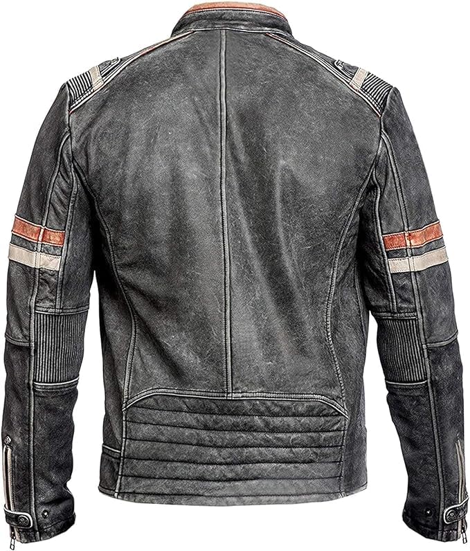 Image of Men's Leather Jacket Cafe Racer Biker Style Retro Stripes Jacket, Motorcycle Racing Leather Jacket Men