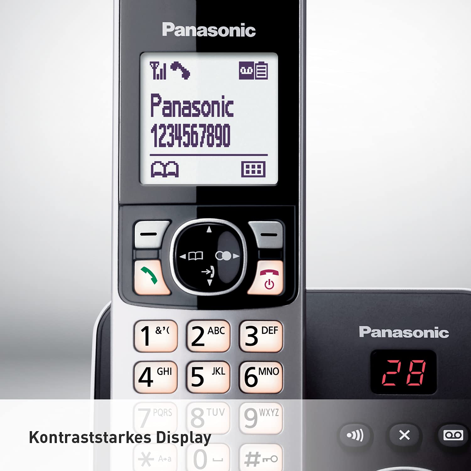 Panasonic KX-TG6862GB - Telefono wireless con 2 telefoni e segreteria telefonica (fino a 1.000 numeri di telefono, dimensione chiara del carattere, auricolare potente, vivavoce duplex) nero/argento