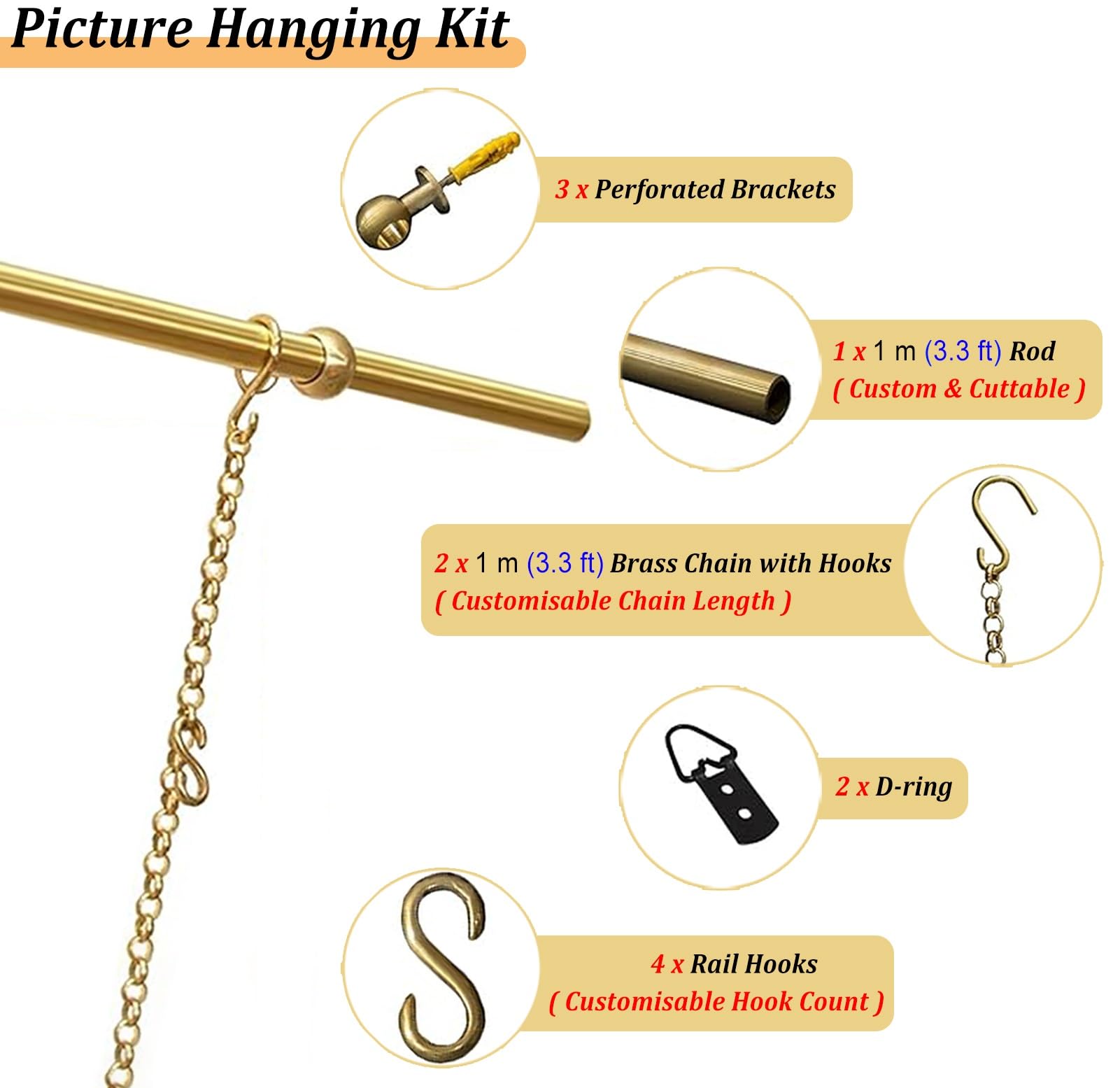 Cimaise pour Tableau Système de Rails D'affichage à Cadre Réglable, Kit de Suspension pour Tableaux en Laiton avec Chaîne et Crochet, Crochets pour Cimaises(100cm (39.4"))