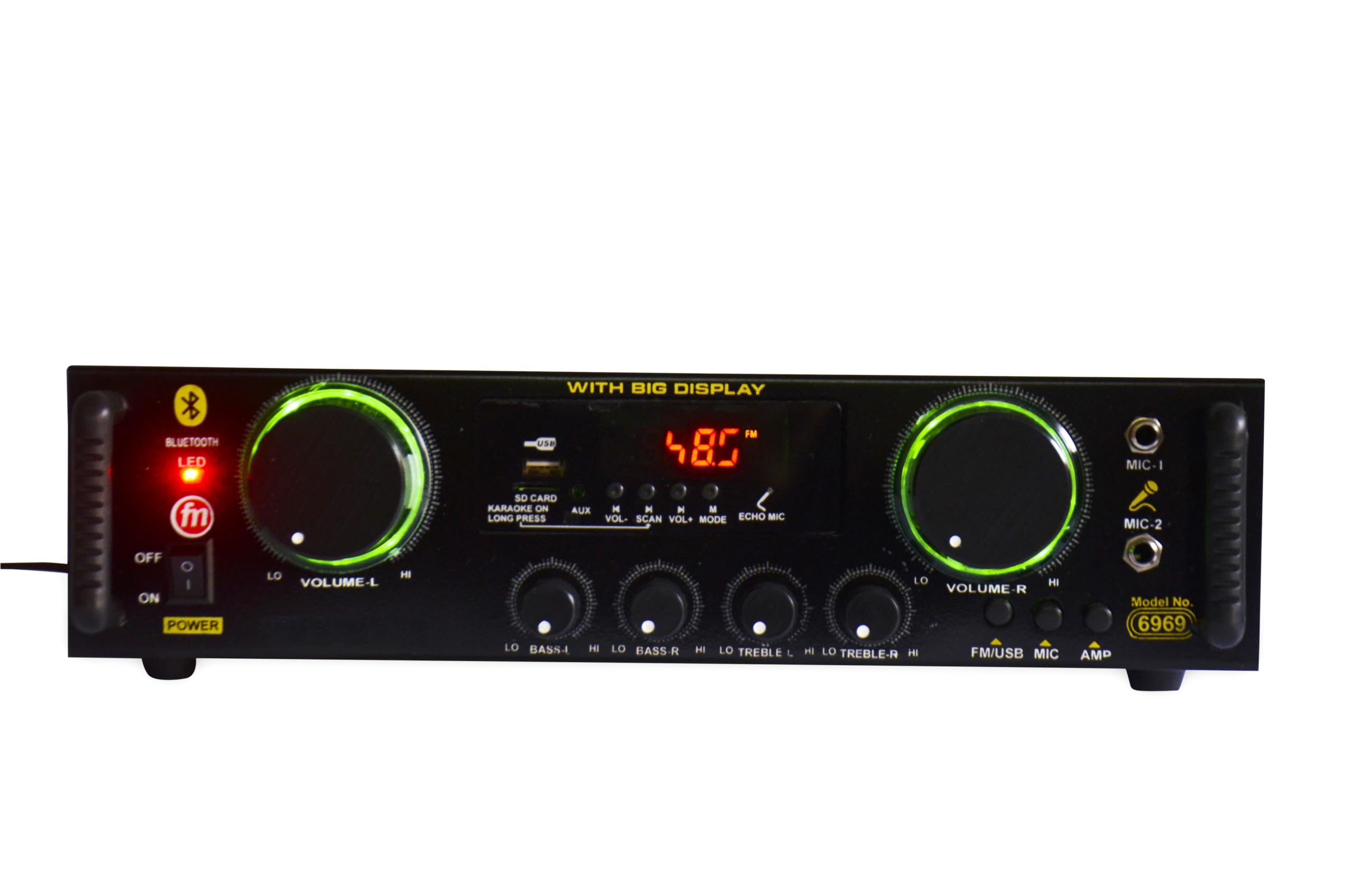 4 Channel Stereo Amplifier with Karaoke LED Display/Bluetooth/2MIC Input/USB/SD Card Slot/FM Radio/AUX Input/Remote Control & Built-in Equalizer with Bass, Treble & Balance Control.