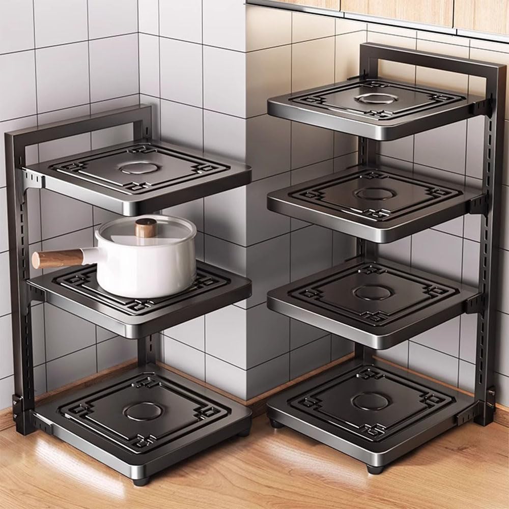 Organizador de ollas y sartenes ajustables de 3 niveles debajo del gabinete, estante interior del gabinete, organización y almacenamiento de despensa de cocina