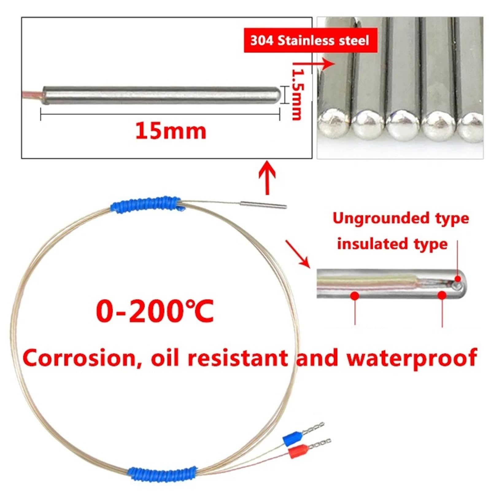 Sensor de Temperatura K de Acero Inoxidable, termopar de tamaño pequeño, Temperatura Alta, corrosión, Aceite e impermeabilidad, minuciosidad(1.5X15mm with 1m)