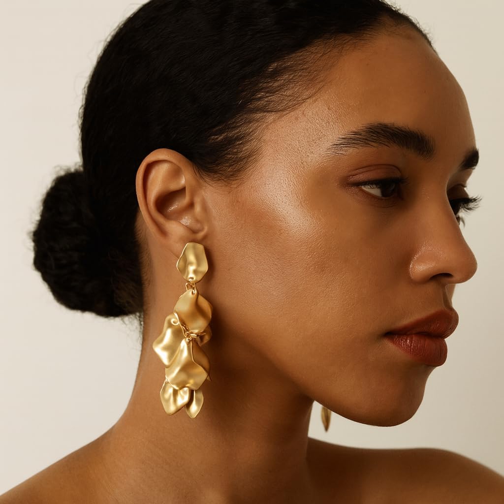 Long Acrylic Rose Petal Clip on Dangle Earrings, 14K Gold Plated Chunky Statement Flower Earrings Clips Minimalist Hypoallergenic Floral Tassel Earrings for Non Pierced Eears - Image 3
