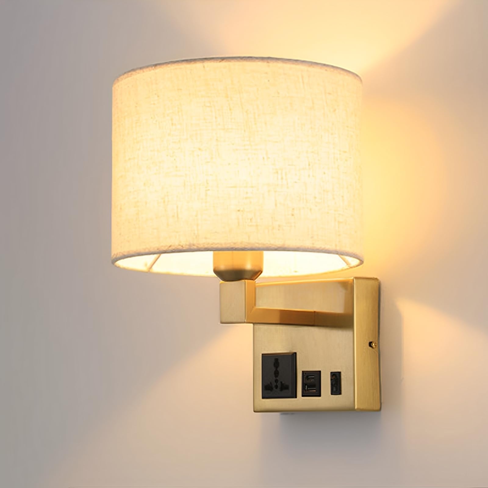 TCHAUSGZUS Hardwired Wall Sconce with USB Charging Port - Elegant Fabric Shade Indoor Lighting for Bedroom, Study, and Lounge(Gold+Beige)