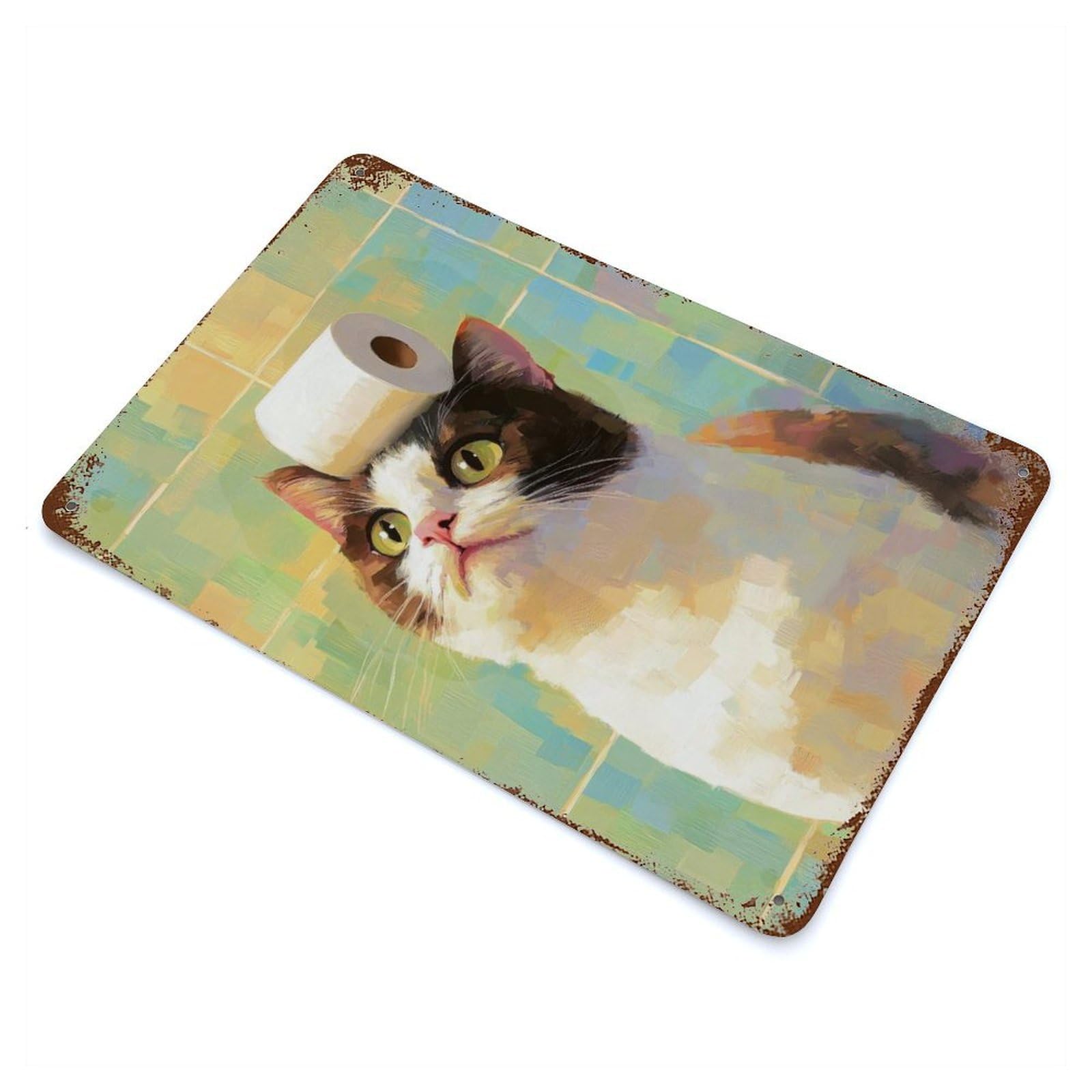 Cat with Toilet Paper Rusty Metal Tin Sign 11.8"x7.9", for Living Room, Hallway And Home Decor, Old School Wall Decor
