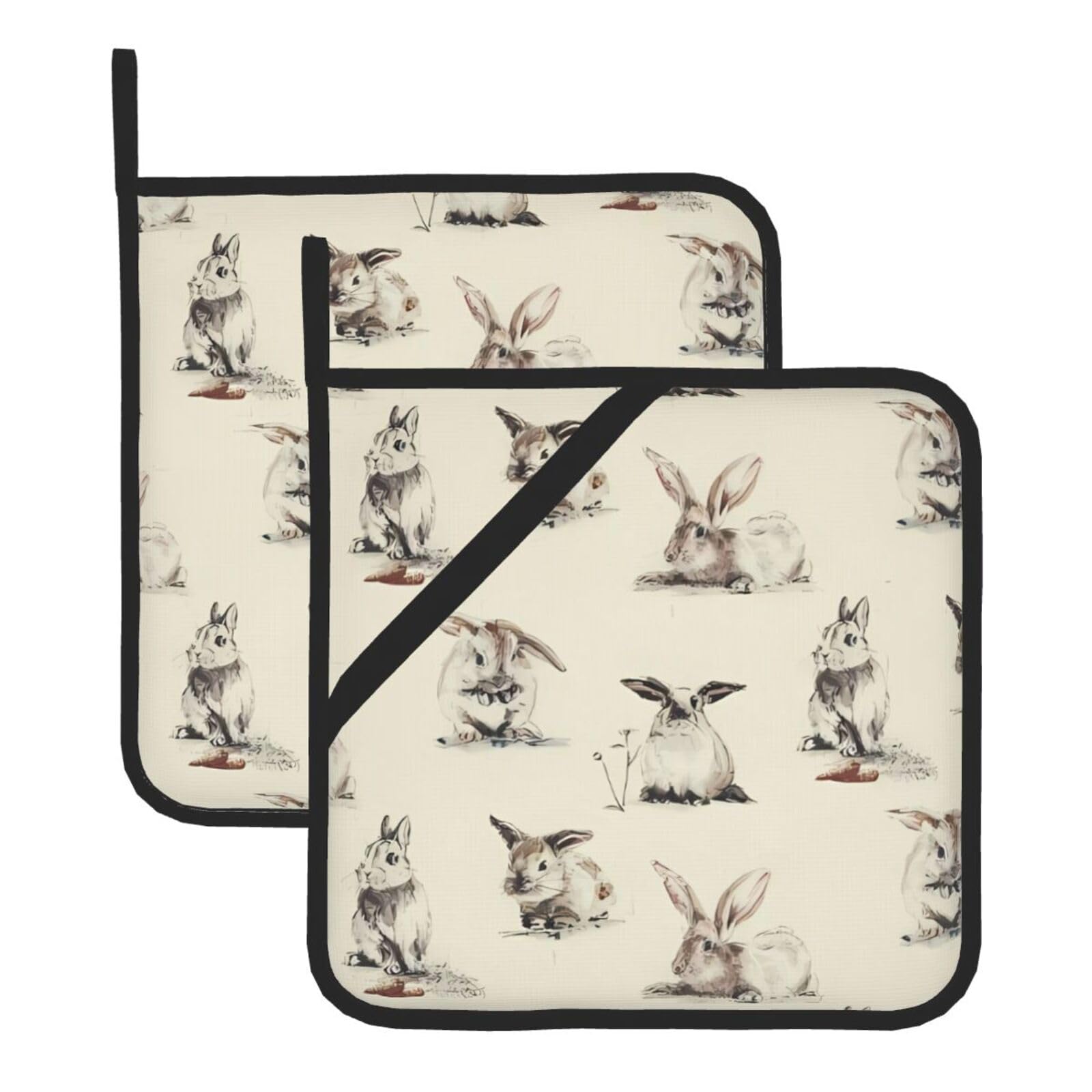 WHJDPP Rabbit background Prints Square Hot Pads for Kitchen - Waterproof Pot Holders Set of 2, Durable Trivets with Pocket & Hanging Loop for Hot Dishes & Oven Use