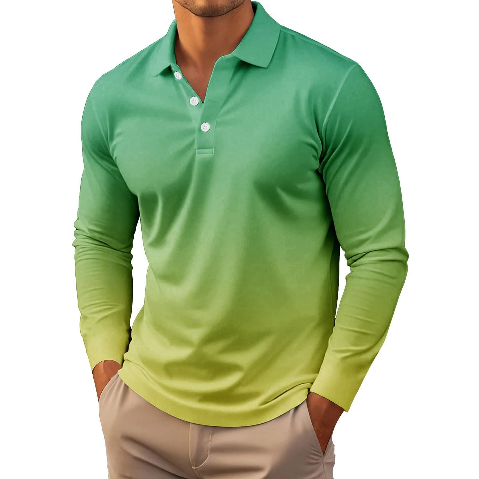 Generico Polo Uomo Manica Lunga a Colore Sfumato Ombré, Colletto Abbottonato Leggero, Modello Raffinato Adatto per Il Golf, Tennis e uscite quotidiane(1A-Green, M)