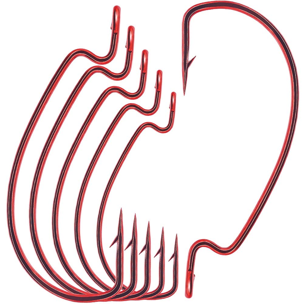 Offset-Worm-Hooks-for-Bass-Fishing-Rubber-Worms-Ewg-Wide-Gap-Bass-Hooks Freshwater Texas Rig Soft Plastics Worms Bait Fishing Hook Black Red Colored 1
