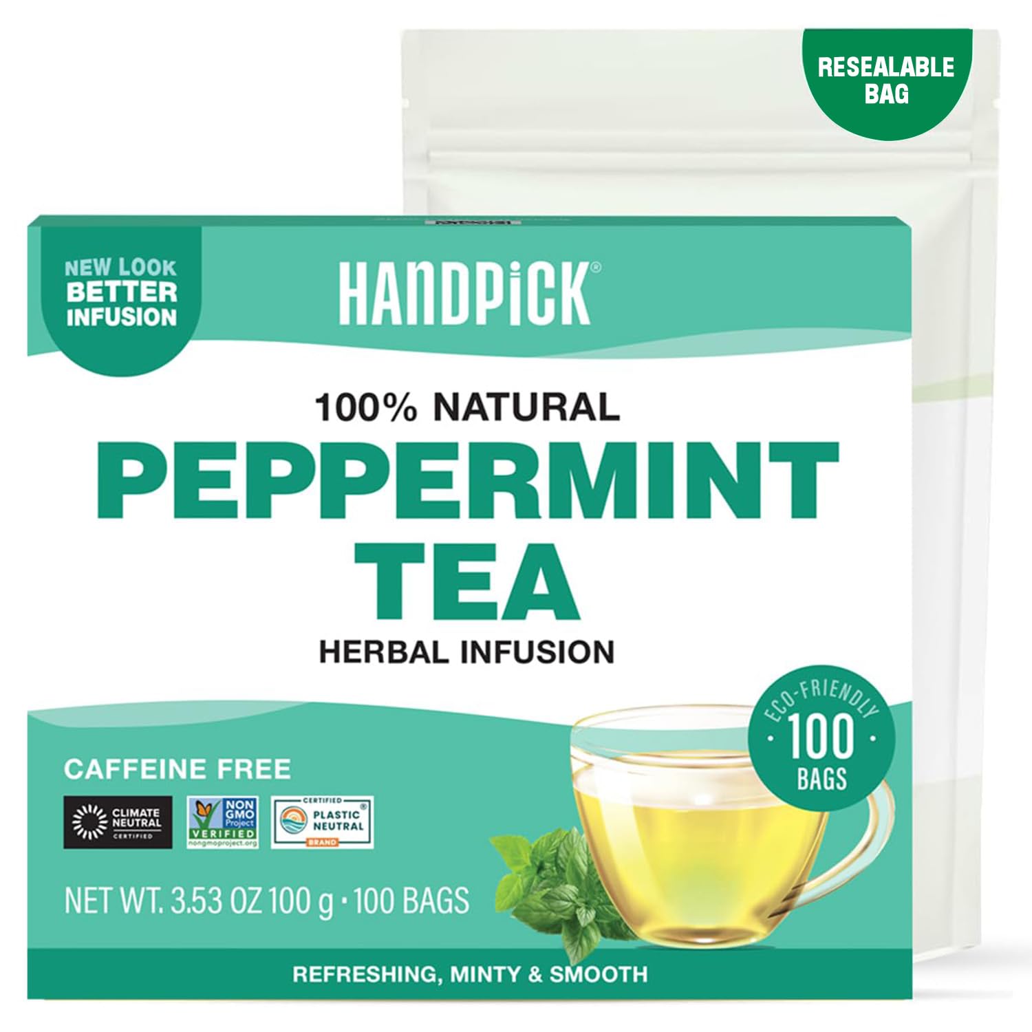 Peppermint Tea, Eco-Conscious Tea Bags - 100 Count | Caffeine Free, Non-GMO | Minty, Fresh & Cool flavor | Direct From Source