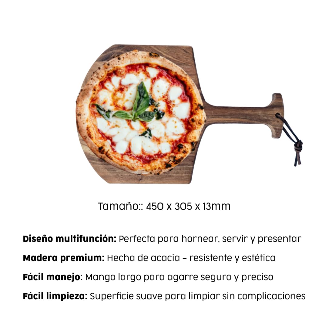 Pala para pizza de madera de acacia, 450 x 305 x 13 mm, pala para pizza con bordes redondeados y mango alargado, pala para pan para pizzas de diferentes tamaños