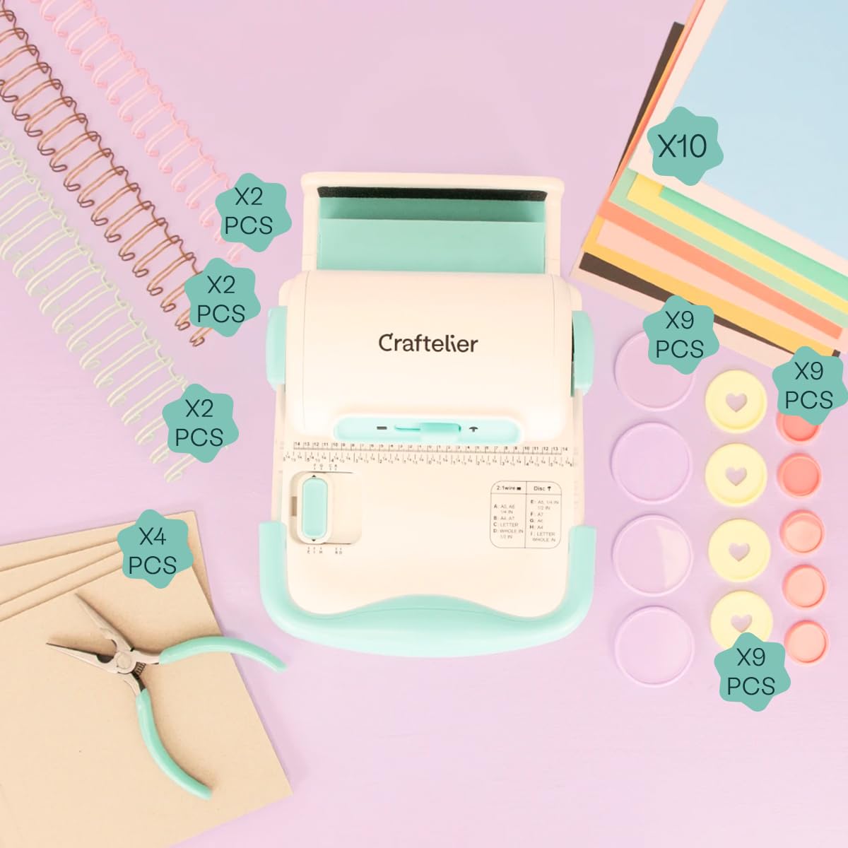 Craftelier - Zestaw startowy do bindowania | Zestaw z mini bindownicą Minty Duo, Pierścienie typu Wire - O i Disc, Kartonami do tworzenia albumów, Planerów i Notatników
