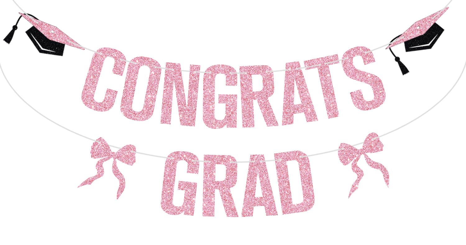 Pink Glitter Congrats Grad Banner, Class of 2026/Congrats 2026, 2026 Senior High School College University Graduation Party Decorations Supplies