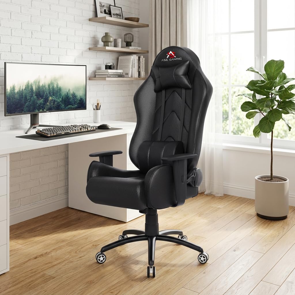 ASE GAMING Gold Series Ergonomic Gaming Chair Premium PU Leather, Adjustable Neck & Lumbar Pillow, 180 Degree Recline with Black Metal Base with 3 Years Warranty (Black)