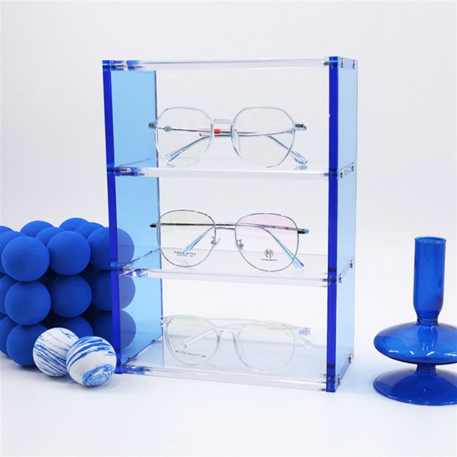 Brillenhalte 3/4-stufiges optisches Ladenpräsentationsregal, Thekenornamente, Acrylregale, Sonnenbrillen, optischer Brillenhalter, Präsentations-Requisiten Brillenständer ( Color : Blauw , Size : Thre