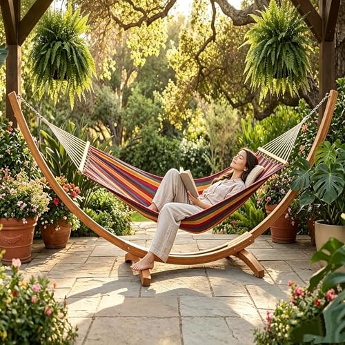 Wooden Curved Hammock Stand with Canvas Fabric Hammock 475 LBS Heavy Duty Anti-Tipping Frame Rainproof & Quick Dry Easy to Assemble for Patio Backyard Balcony & Outdoor Garden Use