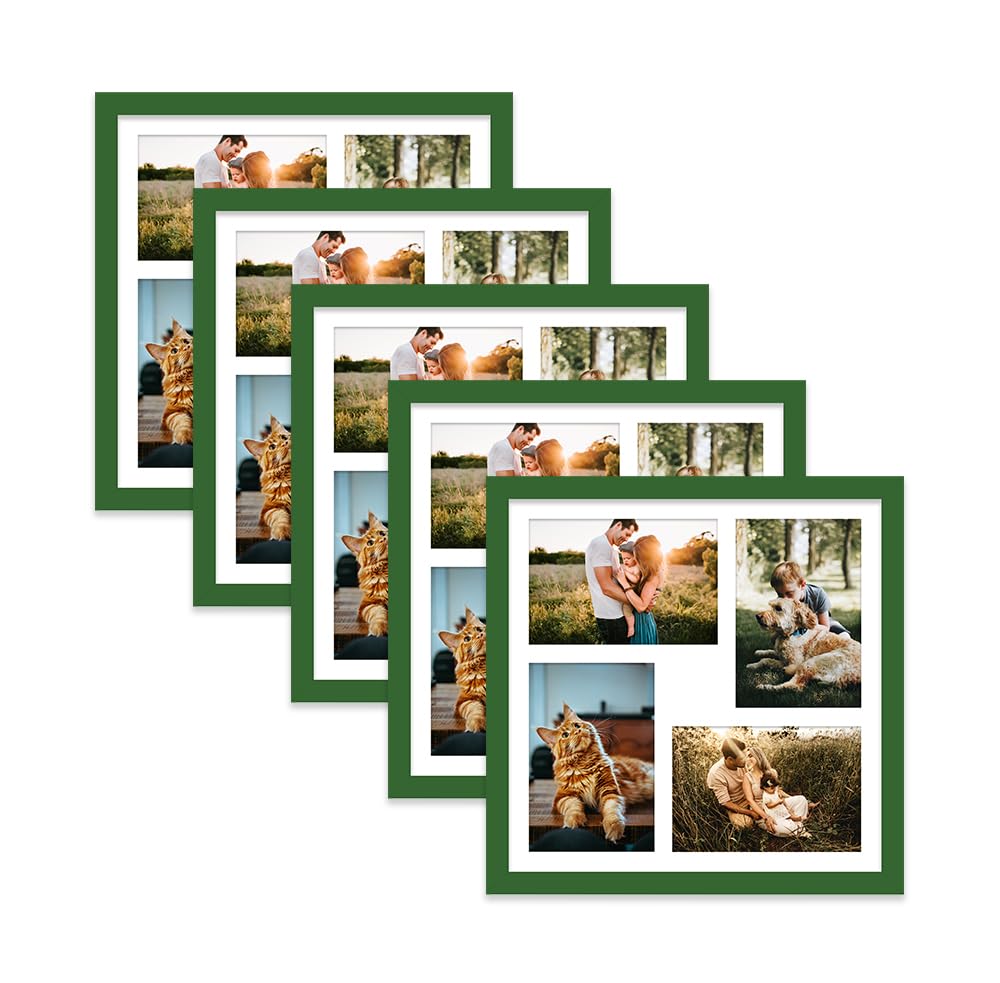 Green Multi Photo Frame - Holds 4 x 6x4 Pictures, Family Collage Picture Frame for Wall Display, 12x12 Frame size, Set of 5