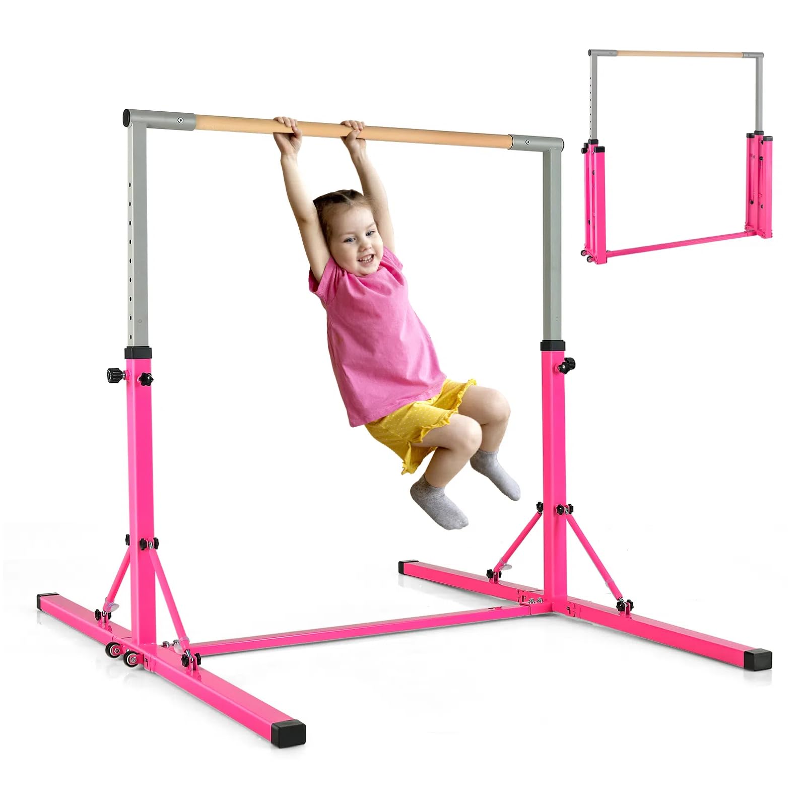 KOMFOTTEU Barra de Gimnasia para Niños, Barra Horizontal con Altura Ajustable de 13 Niveles, Barra de Entrenamiento de Metal y Madera, Equipo de Gimnasia con Carga de 100 kg