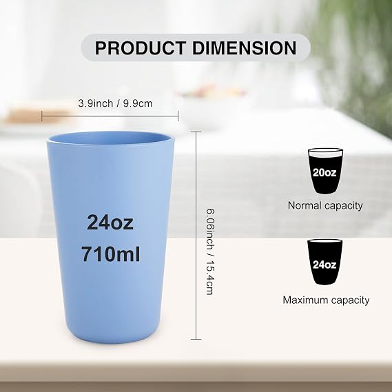 16oz/710ml Reusable Drinking Cups, 8 Pack Plastic Tumblers for Adults, Unbreakable Coffee Mug for Camping, Party, Travel, RV, Dishwasher and Microwave Safe