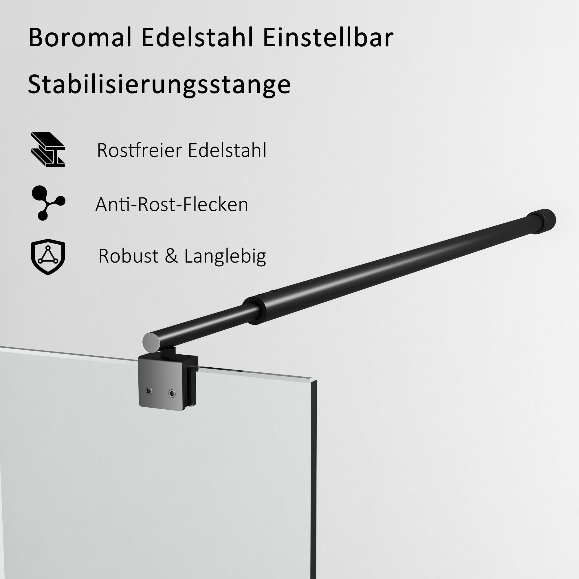 Boromal Barre de support pour paroi de douche - Stabilisateur rond pour verre 8-10 mm - Acier inoxydable 70-120cm, Noir