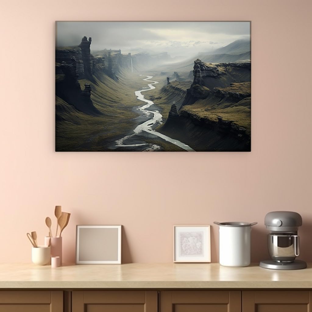 Canvas for Living room. Winding River and Imposing Mountains: A Dramatic Landscape Unveiled, 27 x 18 inch Canvas Wall Art - Contemporary Masterpieces - Modern Home Decor