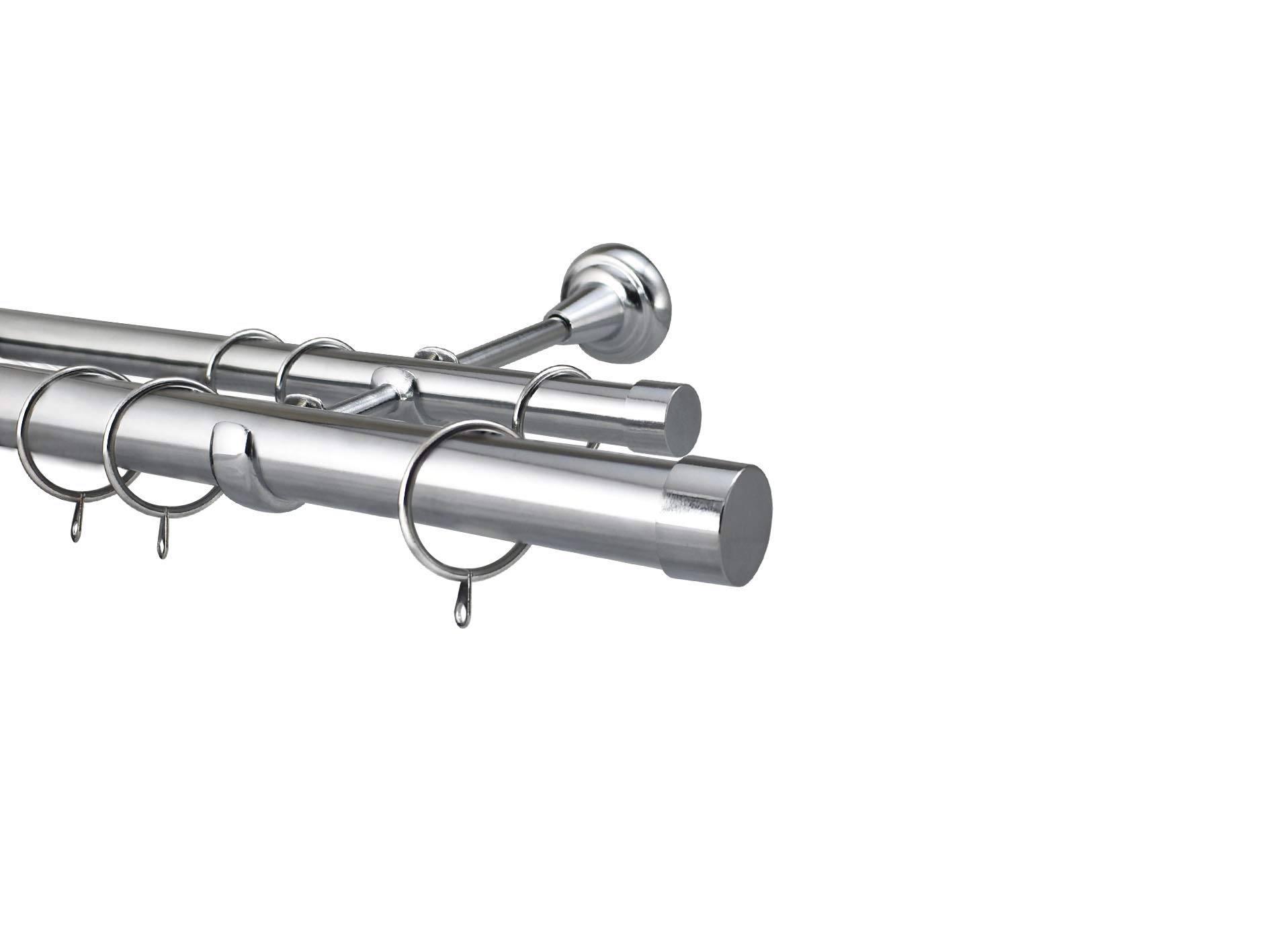 Metal Double Designer Curtain Pole Rod Set Diameter 28mm 19mm Chrome Including Brackets, Rings & Finials (2m, Riga Finial With Rings)