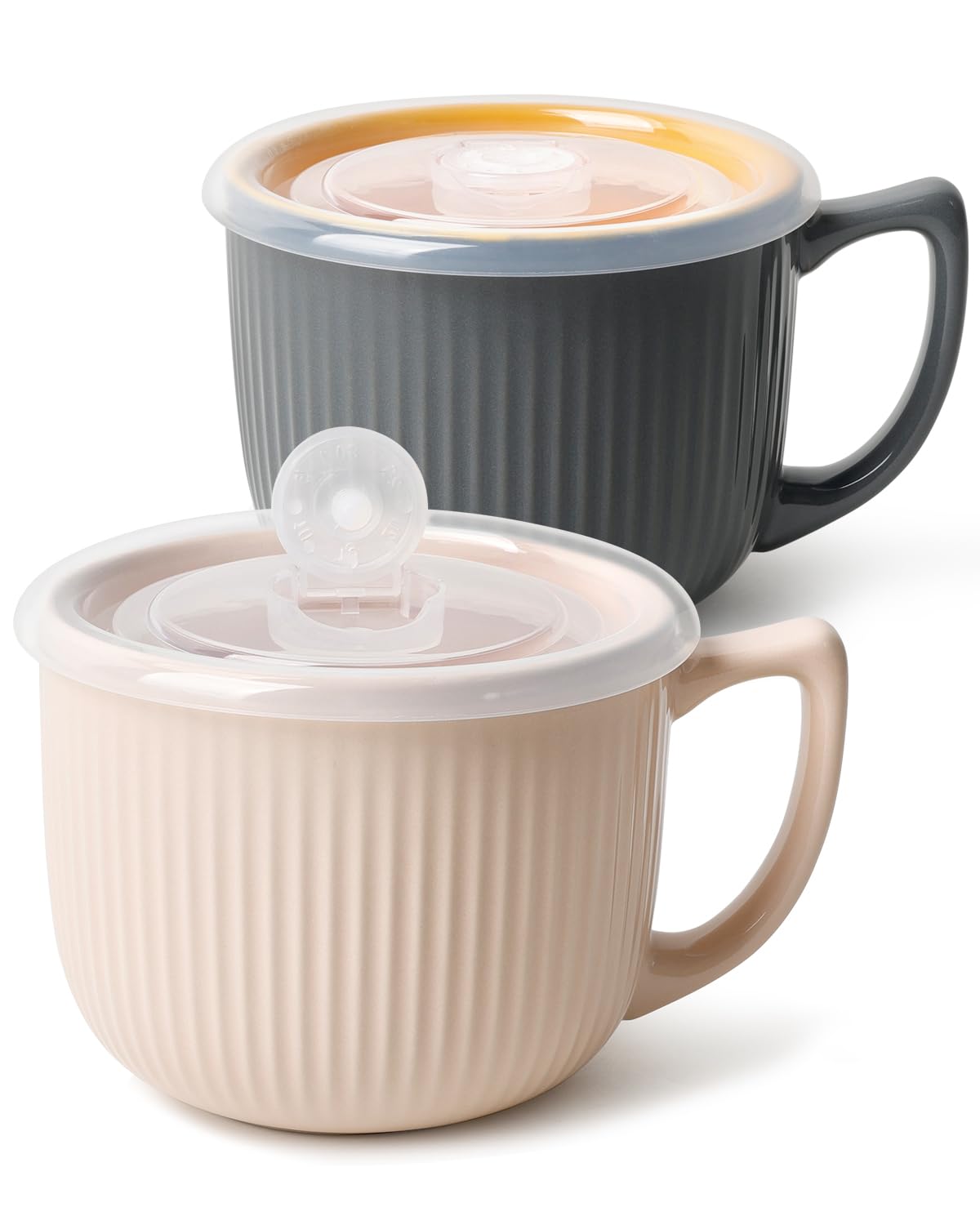 Ceramic Soup Bowls with Vented Lid, 32 Ounce Soup Mug with Handle, 2packs 5 inch Jumbo Soup Cups, Wide Large Cereal Bowl for Oatmeal, Gumbo Salad, Microwave Oven Safe (Beige &amp; Gray)