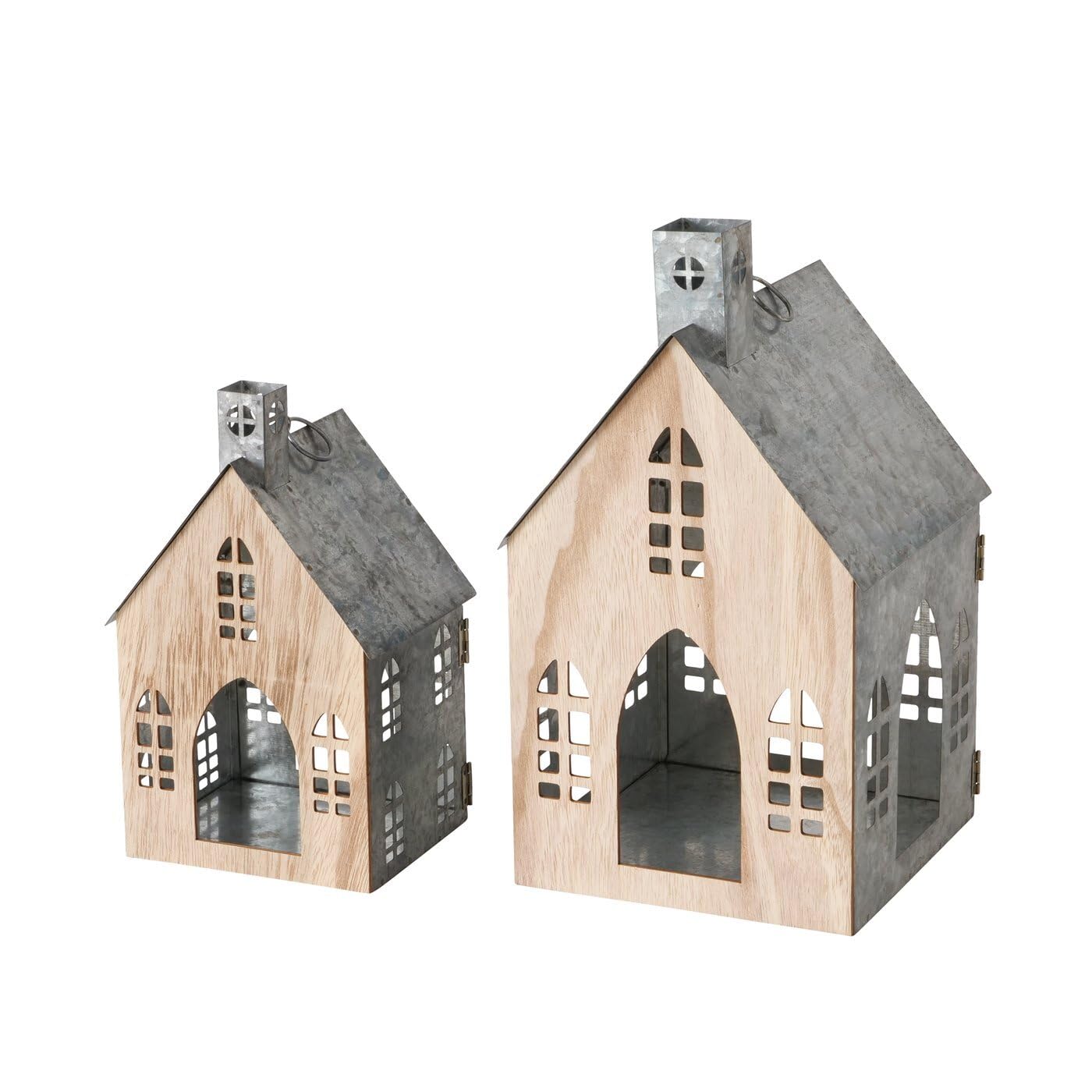 Boltze Home Laterne Lichthaus Zürich 2er-Set Silberfarben Natur Hausform Metall Holz Teelichthalter Kerzenhalter Dekoration für Innenbereich