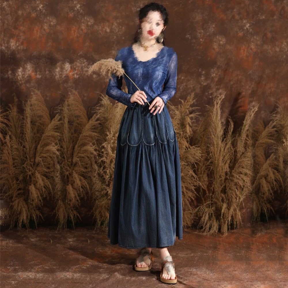 TatbUL Gonne da Donna,Gonna di Jeans con Cuciture A Fiore di Loto retrò da Donna Blu Scuro Gonna Midi A Pieghe A Vita Alta Boho Etnico Distressed Denim Lavato A-Line Gonne Lunghe per Ragazze Signore