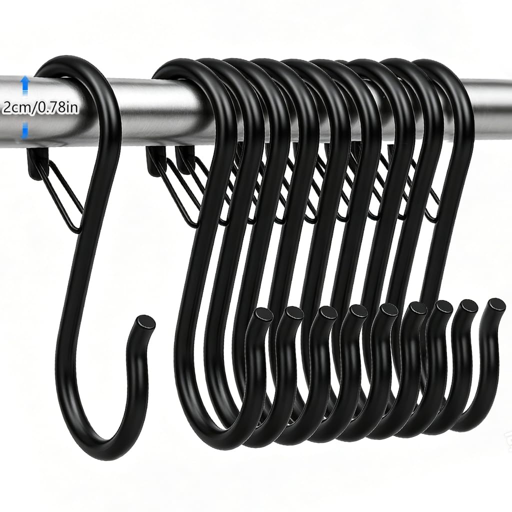 glonest S Hooks for Hanging with Safety Buckle - 10 Pack 9cm Heavy Duty Black Metal S Shaped Hooks for Kitchen Utensils, Closet, Plants, Bags, Pots and Pans - Rustproof Stainless Steel Hanger Hooks