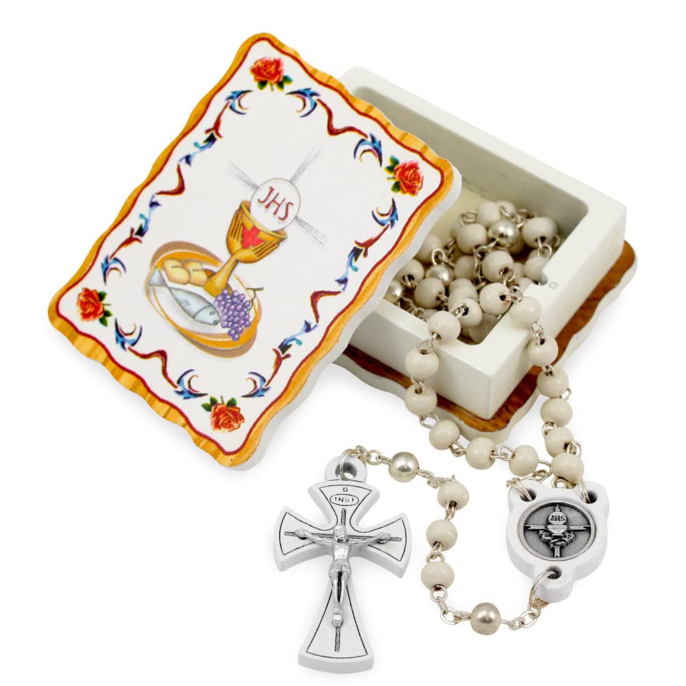 First Communion Rosary Set with White Wooden Beads
