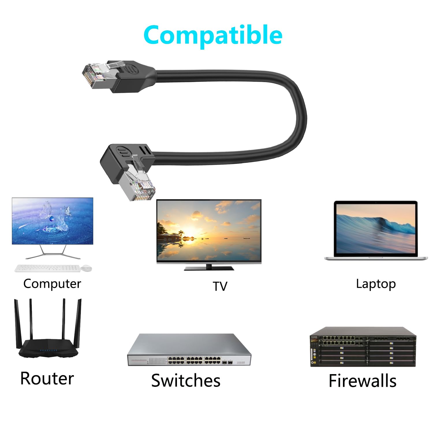Krótki kabel Ethernet 90 stopni Cat5e LAN Cat 5e LAN, przedłużony kabel RJ45 wtyczka do wtyczki, kabel sieciowy do routera, modemu Smart TV, PC, laptopa, 30 cm (lewy prawy)