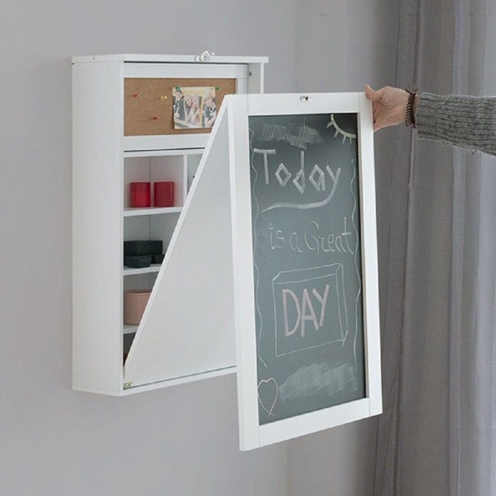 Bureau Mural Pliable en Bois Blanc avec Ardoise et Panneau Liège 50x80x18 cm (plié) 50x155x93 cm (déplié)