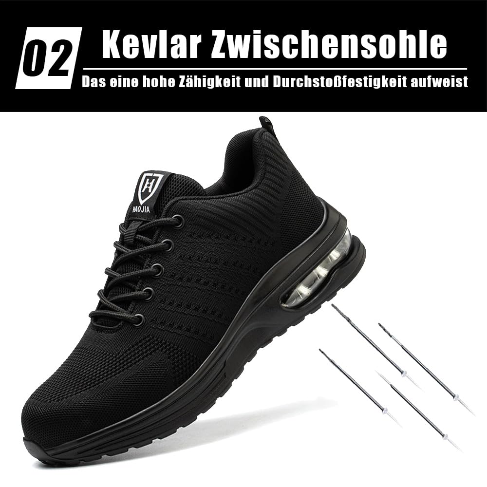 Męskie buty robocze, lekkie, damskie, oddychające, stalowe noski, sportowe buty ochronne, czarny, 43 EU
