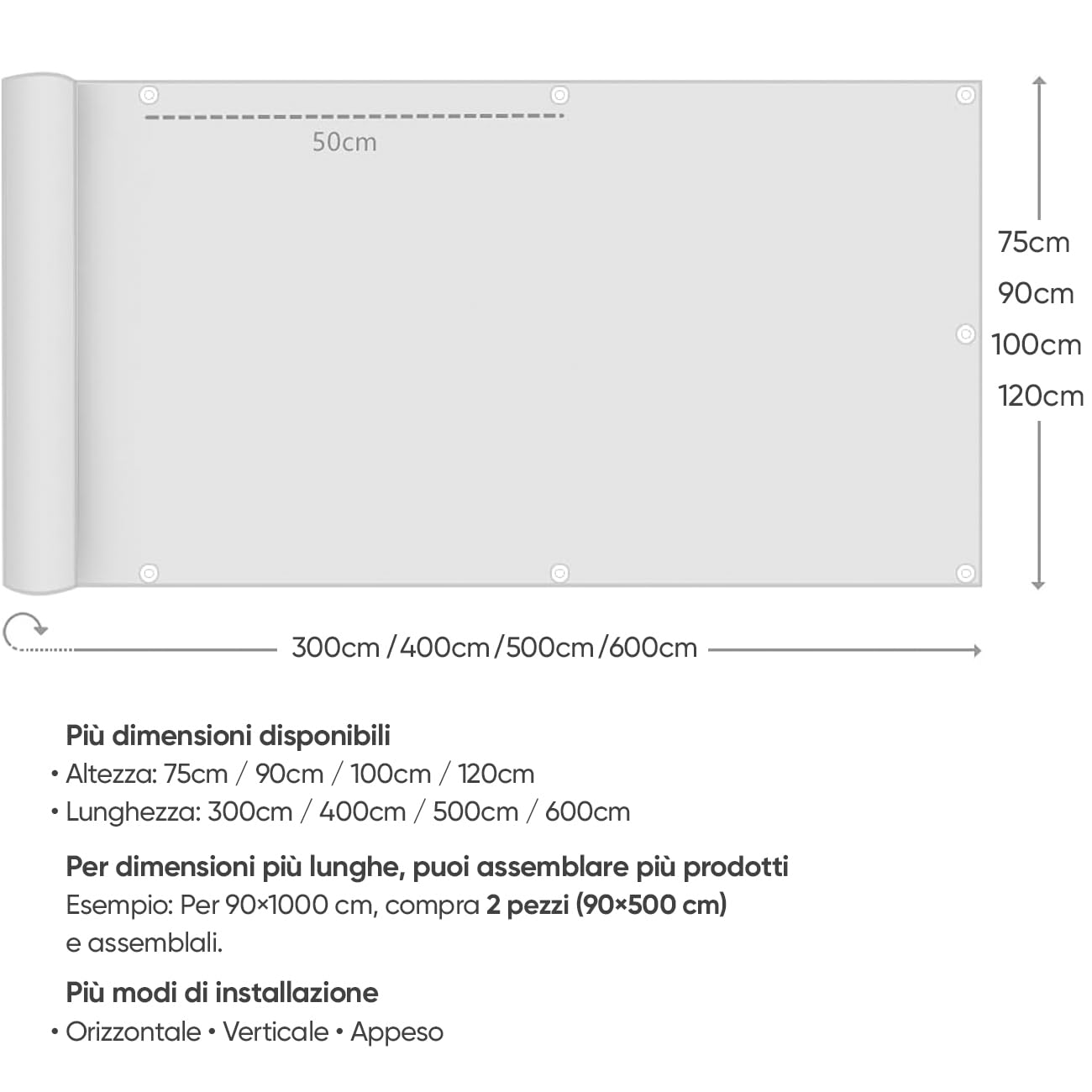 Sekey Recinzione Copertura per Balcone Protezione della Privacy Schermo in Polyster Opaco, per Balcone giardino terrazza, con Occhielli Corde e Fascetta, 120 x 600cm Antracite