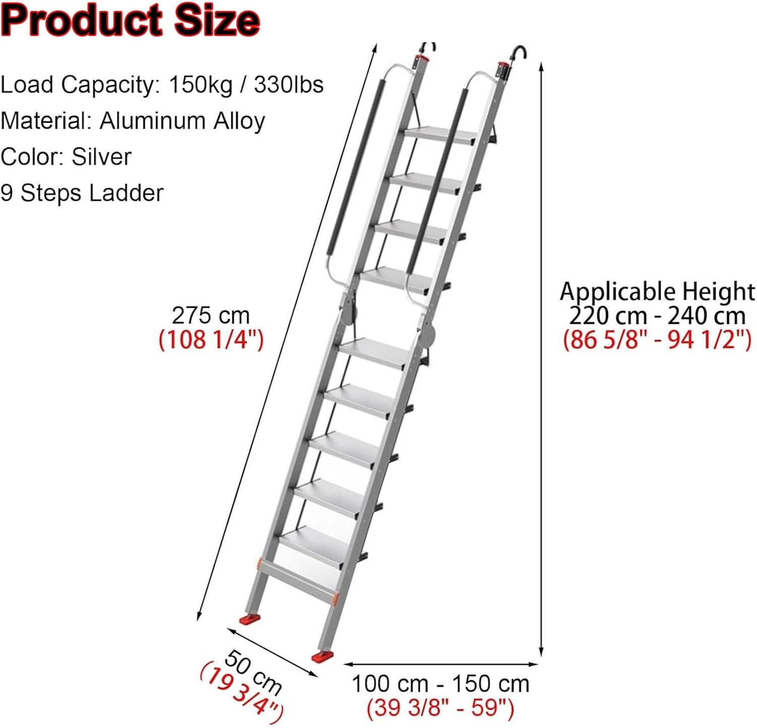 Folding Aluminum Attic Ladder, Space-Saving Escape Ladder for Basement/Window Well, 5.9-8.8ft Adjustable Height, Portable Loft Steps for Apartments (275cm/108in)